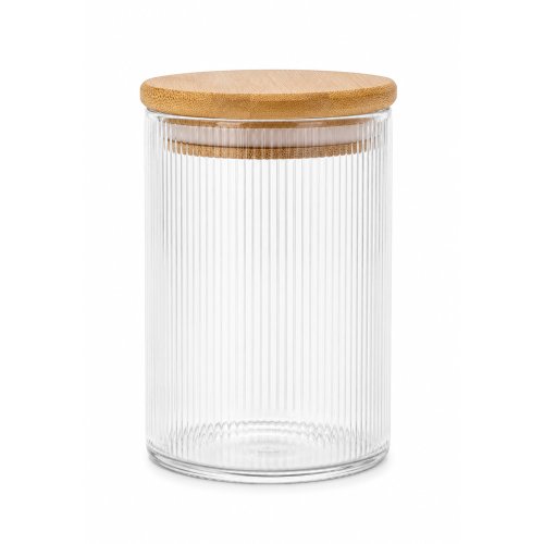 Frasco redondo de vidrio con rayas y tapa de bamboo de 600ml 8x15cm