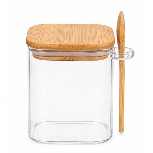 Frasco cuadrado de vidrio con tapa y cuchara de bamboo de 600ml 11x8x13,5cm