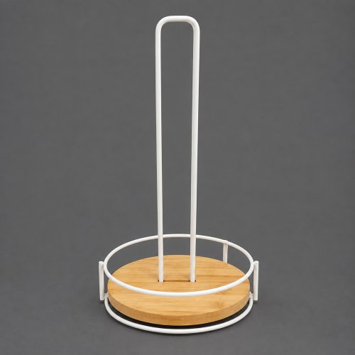 Porta rollo de cocina de alambre blanco con base de bamboo 17x31,5cm