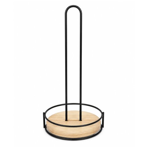 Porta rollo de cocina de alambre negro con base de bamboo 17x31,5cm