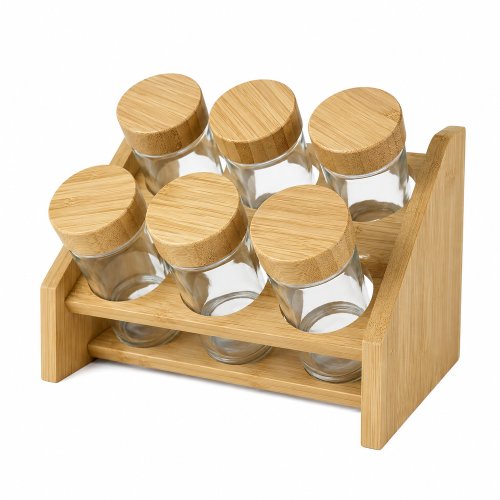 Especiero de bamboo con 5 frascos de vidrio y tapa de bamboo 18,5x14x13cm