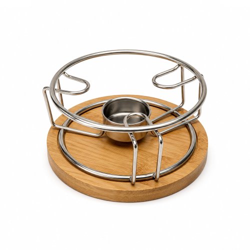 Calentador para mesa de acero con porta vela y base de bamboo
