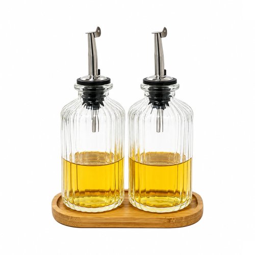 Set x2 acaiteras redondas de vidrio rayado con base de bamboo 150ml