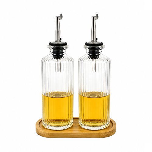 Set x2 aceiteras redondas de vidrio rayado con base de bamboo 150ml
