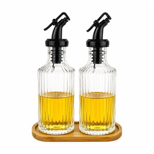 Set x2 aceiteras cuadradas de vidrio rayado con base de bamboo 150ml