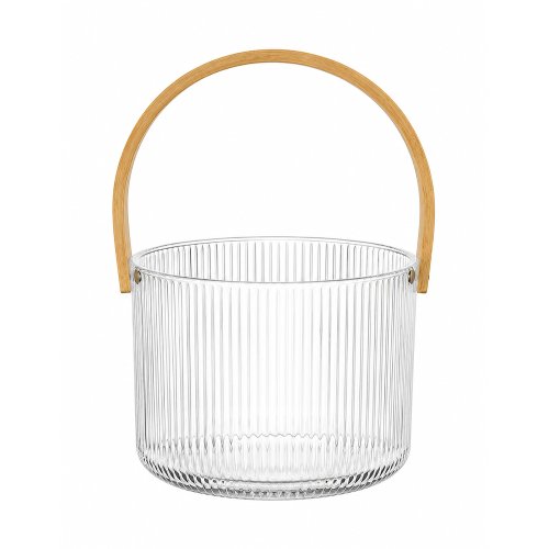 Hielera de vidrio de borosilicato rayada con asa de bamboo 16x21cm