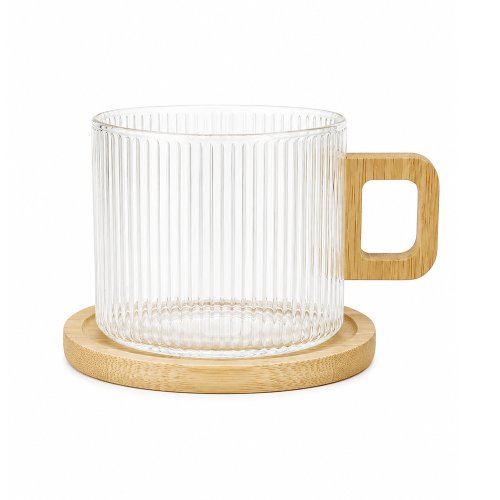Taza de té de vidrio de borosilicato rayada con asa y plato de bamboo 250ml