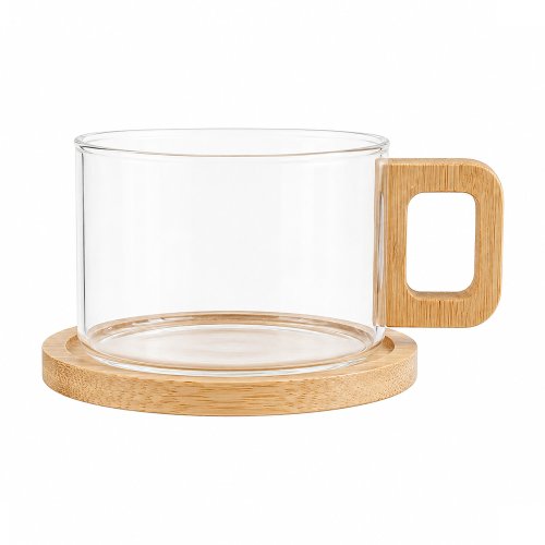 Taza de té de vidrio de borosilicato lisa con asa y plato de bamboo 250ml