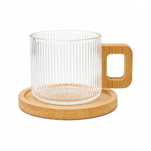Set x6 tazas de café de vidrio de borosilicato rayado con asa y plato de bamboo