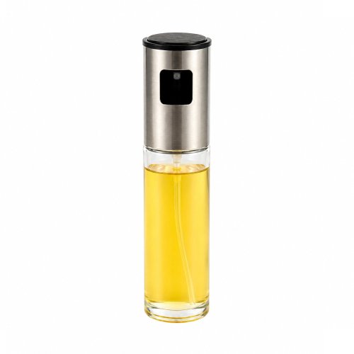 Aceitera de vidrio con atomizador y tapa de acero 100ml 4x16,5cm