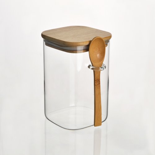 Frasco cuadrado con tapa y cuchara de bamboo 15 cm