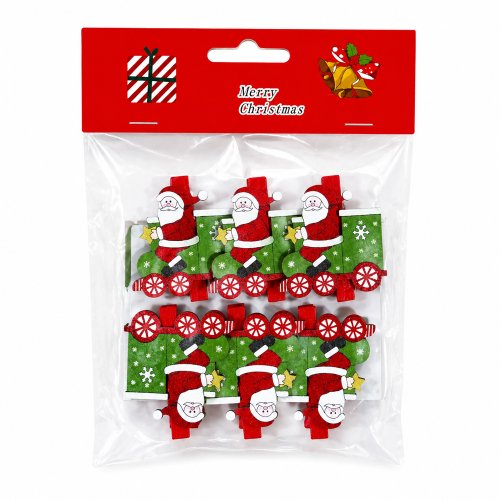 Set x12 blisters de 6 broches papá noel en locomotora 5cm madera