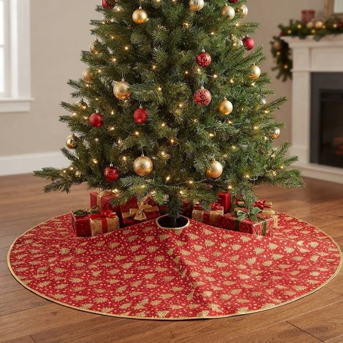 Pie de árbol rojo con pinos dorados de polyester