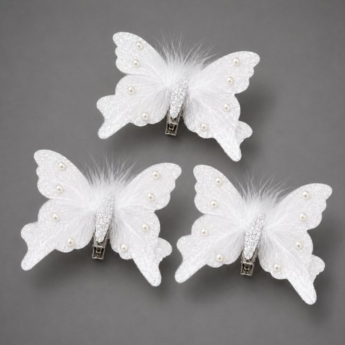 Estuche x6 mariposas blancas con plumas y perlas 8cm plástico
