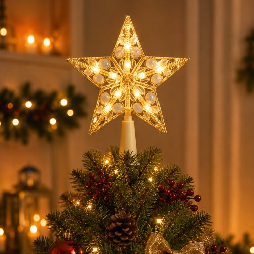 Punta árbol estrella con círculos con luz fija 15cm a pila plástico