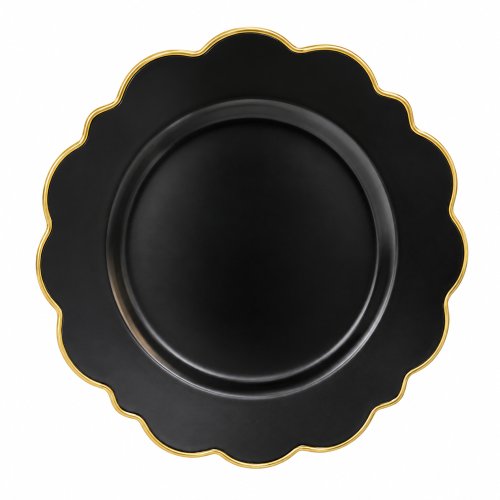 Plato de sitio negro con borde con ondas dorado 33cm plástico