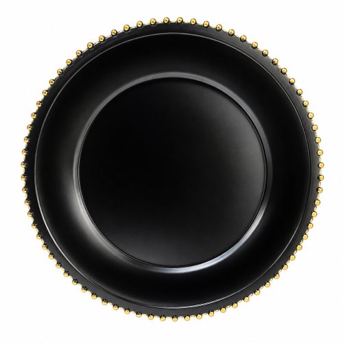 Plato de sitio negro liso con borde con puntos dorado 33cm plástico