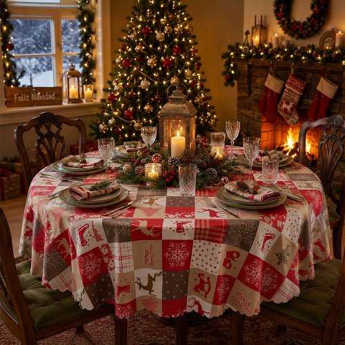 Mantel redondo a cuadros navideño 150cm
