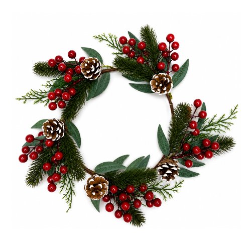 Rosca de hojas de pino con piñas nevadas y frutos rojos 40cm