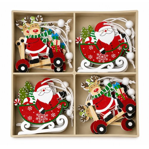 Caja x12 Papá Noel y renos colgantes de madera surtidos 5,50x5cm