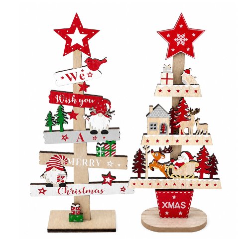 Árbol de madera Merry Christmas surtido con luz 15x30cm