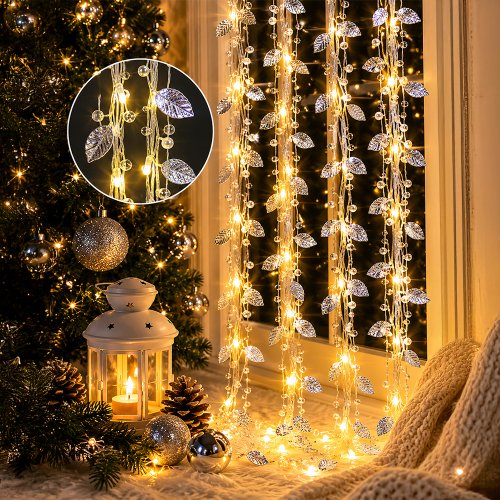 Guía de luces de 3m x10 tiras con hojas y perlas plateadas de 2m con enchufe