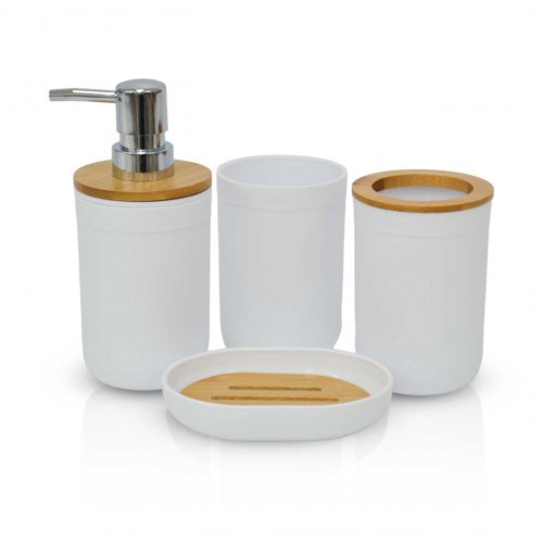Set de baño x4 piezas blanco con bamboo - Plástico -