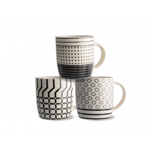 Set x12 jarros mug ceramica cuadros-círculos blanco-negro surtidos 8,5x9,1cm