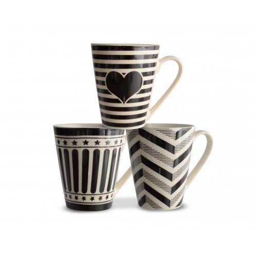Set x12 jarros mug ceramica rayas-estrella-corazón blanco-negro surtidos 8,6x10,2cm