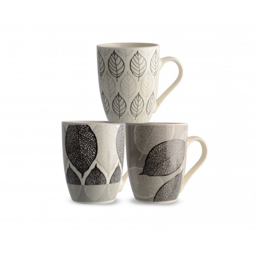 Set x12 jarros mug ceramica hojas blanco-negro-gris surtidos 8,2x10,6cm