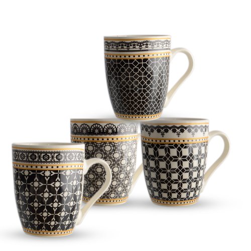 Set x12 jarros mug ceramica blanco-negro-dorado borde encaje surtidos 8,2x10,6cm